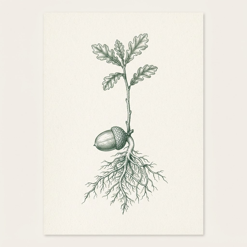 Botanical etching of an acorn sprouting into a young oak — potential made actual
