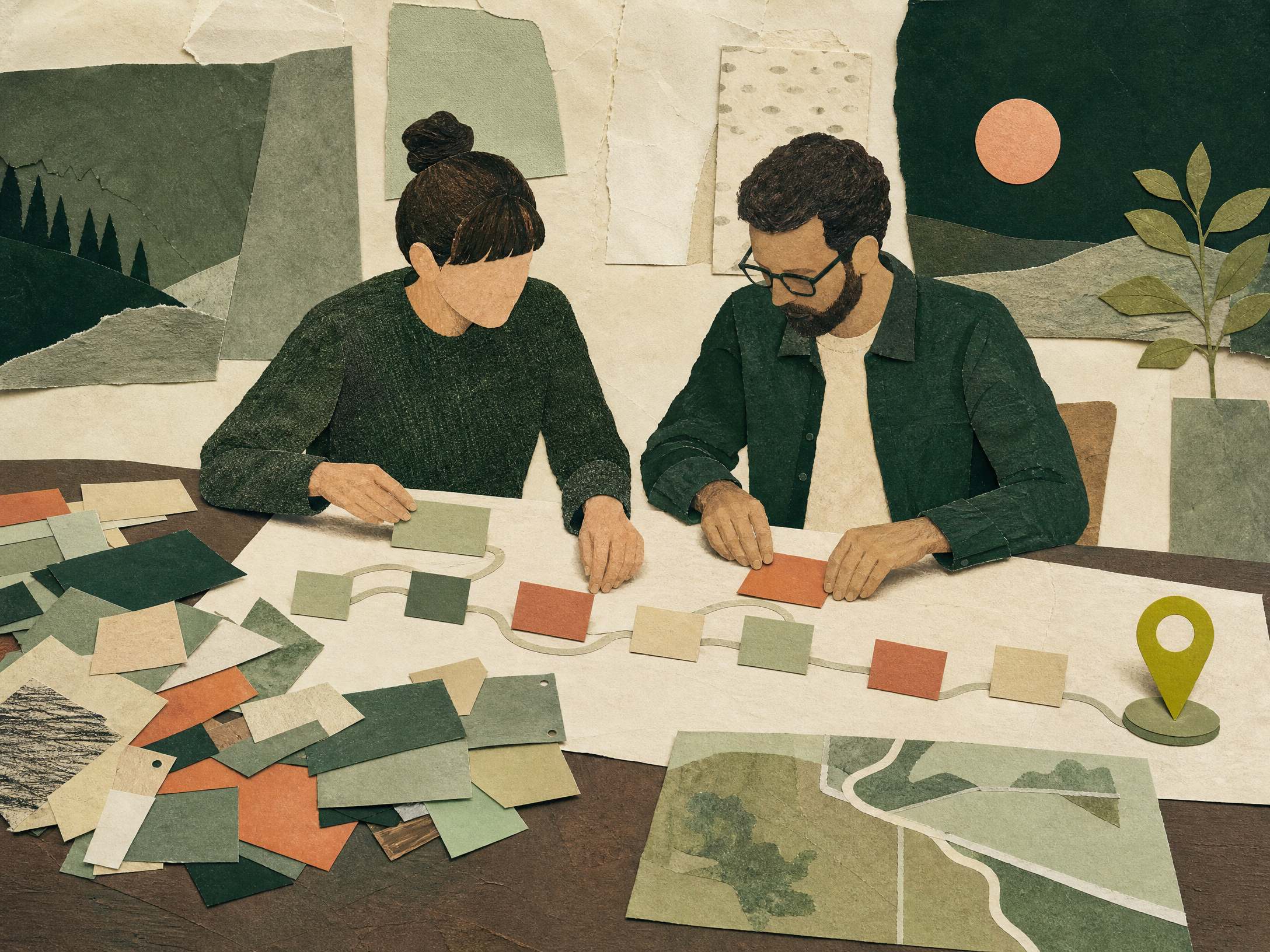 Torn-paper collage of two people mapping out a product roadmap together, arranging colored tiles along a winding path